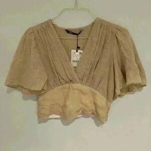 Zara Tan Drapped Crop Blouse Size Large New With Tags